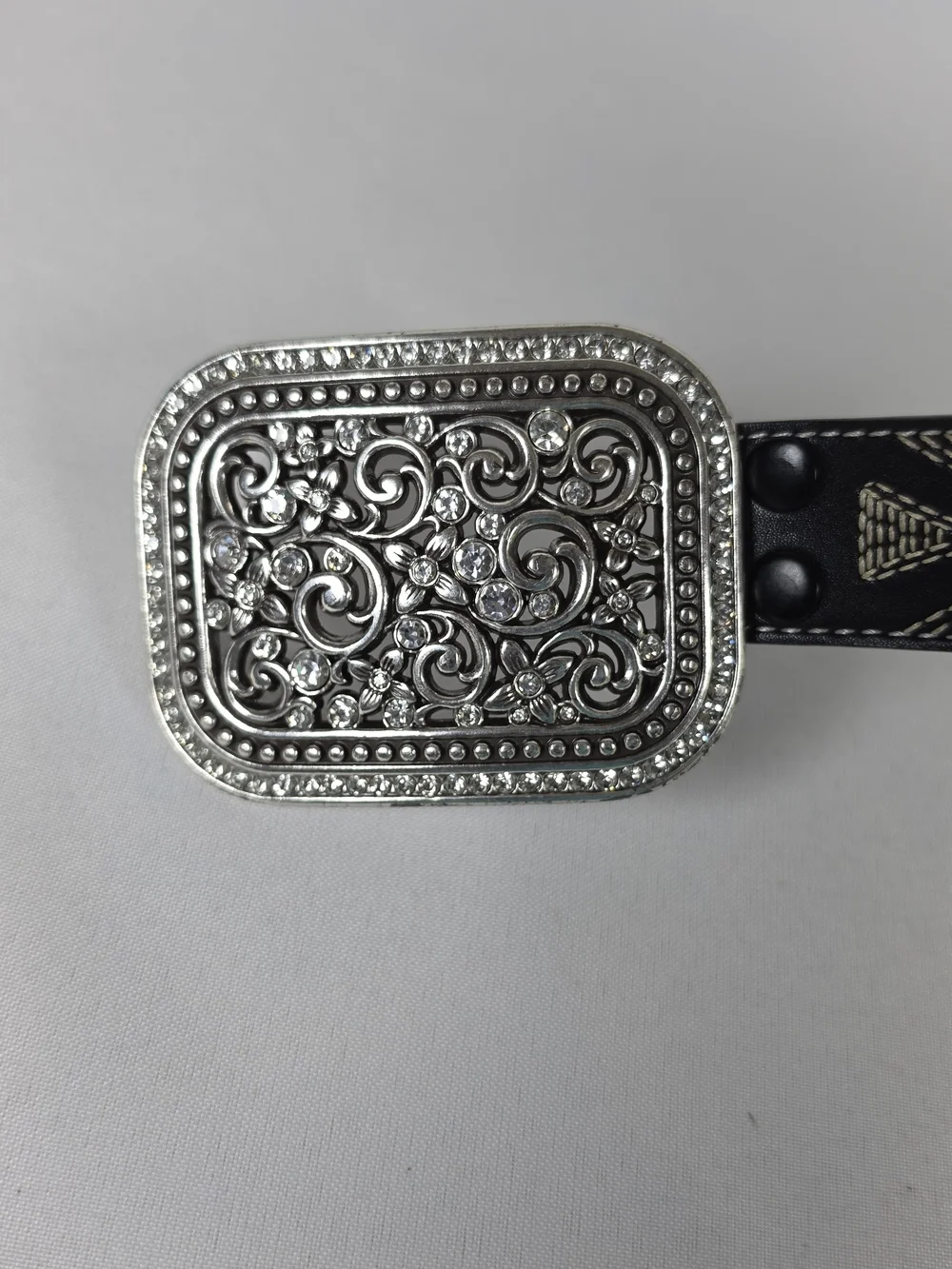 L&B Lucky & Blessed Western Belt Black Rhinestone Buckle Stitching Size S Womens